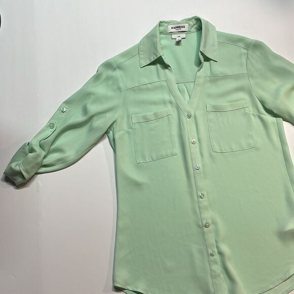 Express Womens Portofino Blouse Mint Green Button Up Long Roll Sleeve Sz XXS - Picture 2 of 6